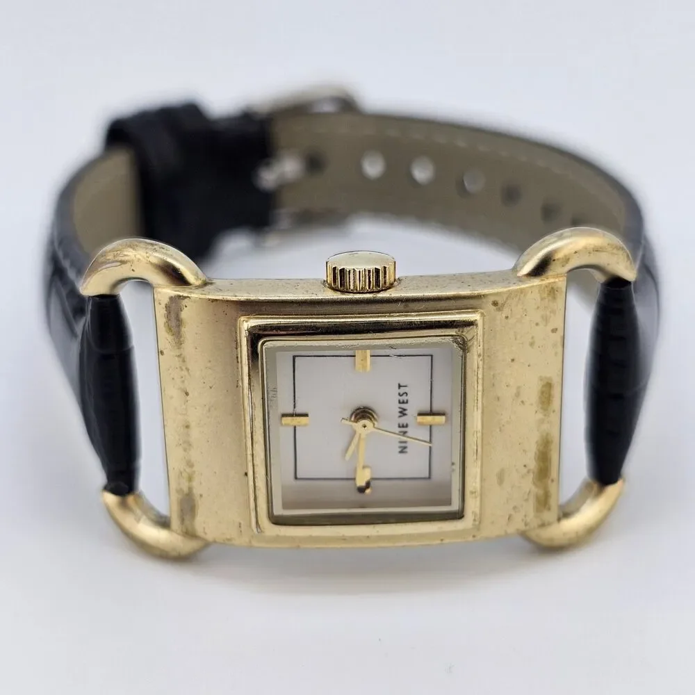 Nine West Women's Watch‎ 20MM White Dial New Black Leather Bands New Battery